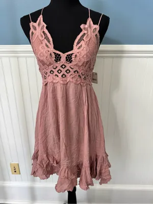 NWT Free People Adella Slip Lace short Dress Plunging Neckline Pink Rose ~ Small thumbnail 6