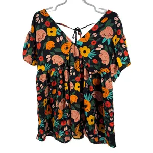 Entro Floral babydoll Blouse M Black Orange Yellow Green colorful flowy silky thumbnail 1