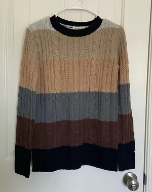 EUC | Poof Excellence women’s neutral colored striped acrylic sweater‎ — medium thumbnail 1