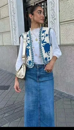 KOEEI Angeline Blue Waistcoat Boho Floral Embroidered Vest Women’s Size L thumbnail 4