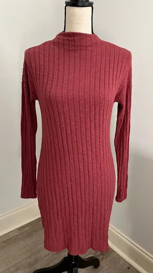 Minimalist Ribbed Mock Neck Dress XS Long Sleeve Y2K Fall Rust‎ Red Cabin Preppy thumbnail 1