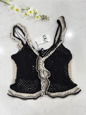 Zara Black Crochet Tank with Cream Ruffle Trim thumbnail 3
