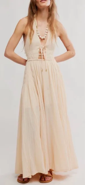 NEW FREE-EST BY FREE PEOPLE ANGEL Plunge Halter Neck ivory MAXI DRESS sz XS thumbnail 1