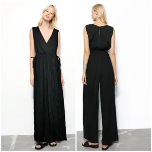 Zara Jumpsuit Womens M Black Sleeveless V-Neck Wrinkled Satin Effect Wide Legs thumbnail 2