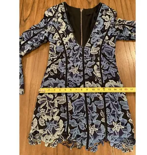 NBD X Corinne Womens Blue Lace Mini Dress Long Sleeve Floral Fitted V Neck thumbnail 7