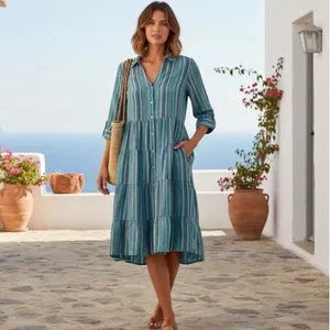 Soft Surroundings 100% Linen Striped‎ Tiered Midi Shirt Dress Blue Coastal XS thumbnail 2