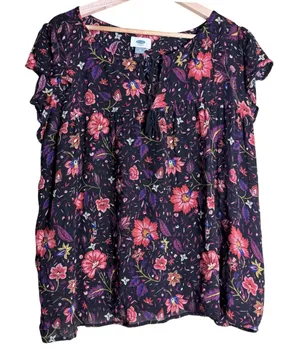Old Navy Blouse Women Plus XL Black Floral Babydoll Office Cottagecore Whimsical thumbnail 1