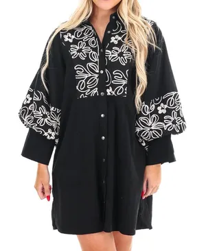JODIFL Black Midi Dress with White Floral Embroidery thumbnail 1