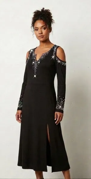 NEW Sheilay Midi Dress Cold Shoulder Party Cocktail Club Date Night Celestial M thumbnail 1