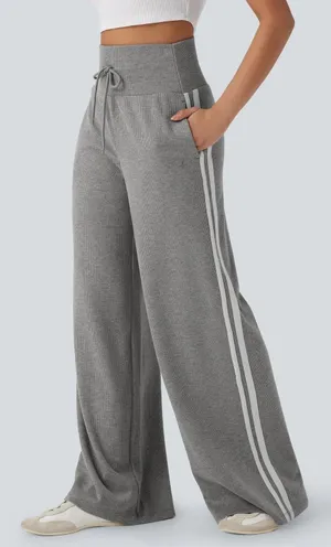 Halara Ribbed High Waisted Tummy Control Drawstring Wide Leg Fleece Trousers M thumbnail 1