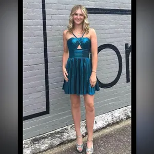 Sherri Hill Metallic Teal One-Shoulder Pleated Evening Gown thumbnail 2