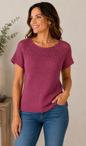 LOFT Berry Mauve Open Knit Short Sleeve Sweater Top Size L thumbnail 1