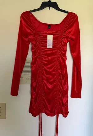 Red Ruched Long Sleeve Mini Dress thumbnail 1