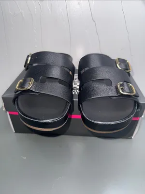 Vince Camuto Freida Black Leather Double Buckle Slide Mules thumbnail 4