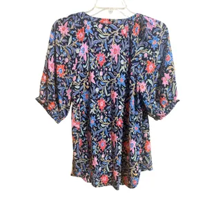 LOFT Floral Blouse Womens Medium Navy Blue‎ Pink Excellent Ruffle Sleeve Top thumbnail 2