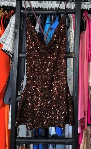Meshki Jody Sequin Cowl Neck Mini Dress Chocolate Brown Strappy Small New NWT thumbnail 1
