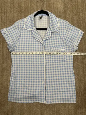 Jaclyn Intimate Blue White Gingham Plaid Stretch Pajama Sleep Shirt Large Pocket thumbnail 3