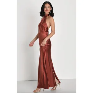 Lulus Love in Your Life Rust Brown Satin Halter Maxi Dress Formal Glam XL NWT thumbnail 3