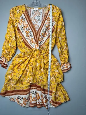 Umgee Mustard Yellow Floral Boho Faux Wrap Ruffle Dress Medium thumbnail 3