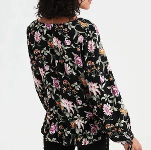 American Eagle Tie Front Floral Print Top Black Multi Ruffle Hem Peplum thumbnail 2