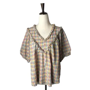 Old Navy‎ Ruffle Dobby Gingham Top Women Medium White Cotton Puff Sleeve Cotton thumbnail 2