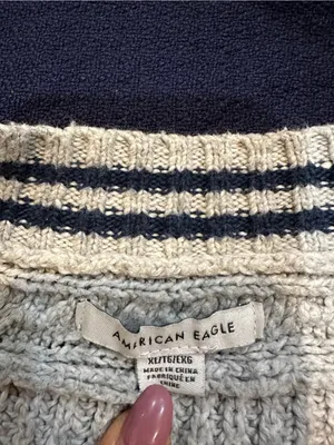 American Eagle Outfitters Gray Knit Sweater with Navy Stripe thumbnail 2