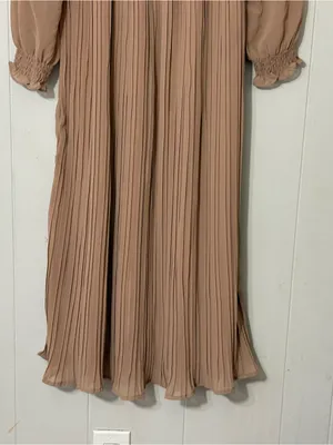 Böhme Pleated Midi Dress Long Sleeve Taupe Smocked Waist Boho Modest Size S thumbnail 10