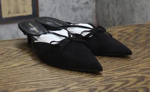 Marc Fisher Pointed Toe Faux Suede Kitten Heel Mules with Bow MFFLORIN3 Black 9M thumbnail 1