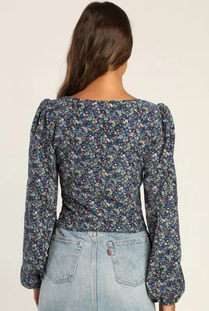 Lulus Floral Corduroy Ballon Sleeve Crop Top thumbnail 2