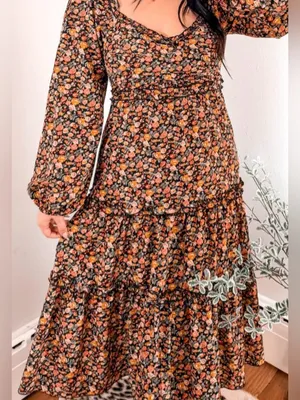 Altar’d State Black Floral Tiered Midi Dress with Puff Sleeves thumbnail 8