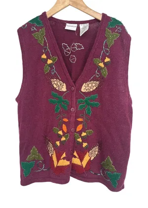 Vintage Sweater Vest Women M Autumn Fall Embroidered Beaded Teacher Granny thumbnail 1