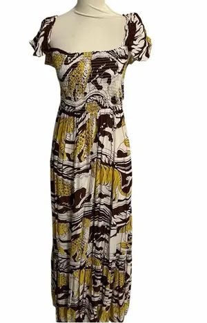 By Anthropologie Leopard Print ruffled maxi dress XL Smocking Flutter Sleeve #14 thumbnail 4