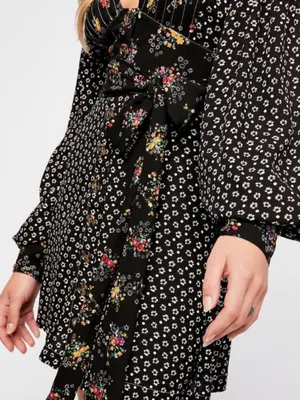 FREE‎ PEOPLE Wonderland Mini Dress Black Floral Mixed Pattern Tie Waist thumbnail 4