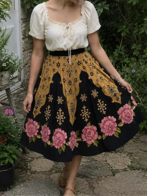 Vintage Temptation Floral Midi Skirt Black Pink Roses Sequin Detail Boho Small thumbnail 1