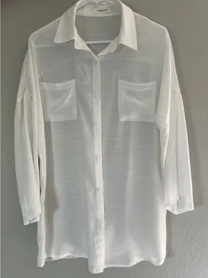 BSUBSEACH White Sheer Button Down Long Sleeve Swimsuit Beach Cover Up One Size thumbnail 2