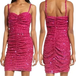 NWT Sho By Tadashi Shoji Sequin BodyCon Ruched Hot Pink Mini Dress Large $268‎ thumbnail 2