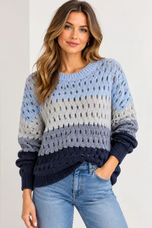 Charlie B NWT Open-Knit Colorblock Striped Crew Neck Sweater Size Tall XL thumbnail 1