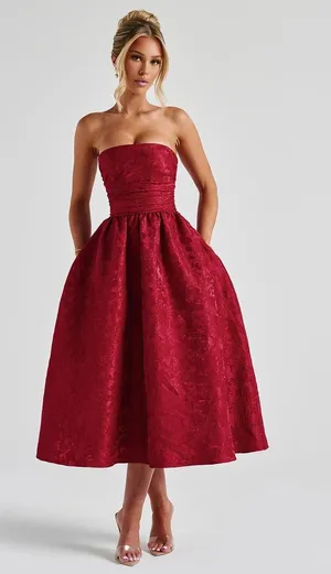NWT Babyboo Saoirse Red Floral Jacquard Strapless Fit & Flare Midi Dress Size S thumbnail 1