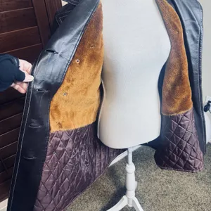 vintage 70s Flamingo Vina-Hide faux leather trench coat Brown Go-go fur‎ lined M thumbnail 7