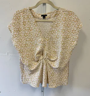 Ann Taylor Tan White Floral Damask Twist Front V-Neck Blouse Top Size Med thumbnail 1
