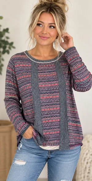 The Nines Women’s Size Medium Blue Red Geometric Print Long Sleeve Sweater thumbnail 1
