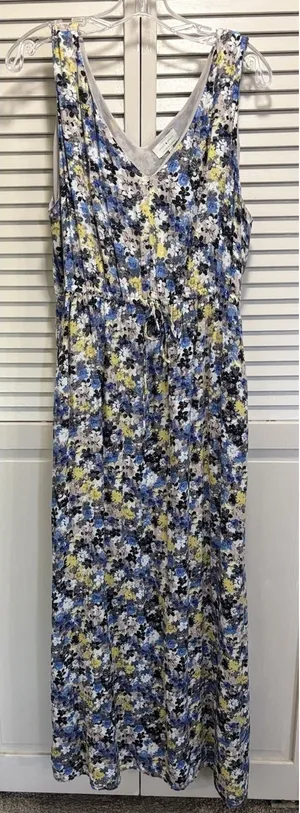 Lucky Brand Floral Elastic/Tie Waist Lined Maxi Dress Size XL V Neck Blue/Yellow thumbnail 1