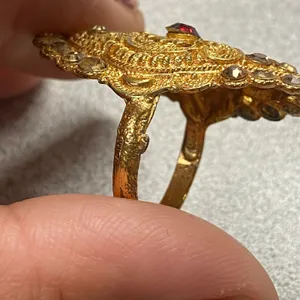 Vintage Ornate Wide Gold Tone Filigree Statement Ring Red Gemstone Adjustable thumbnail 9