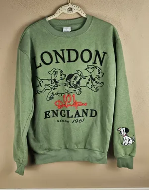 Disney Womens Green Embroidered 101 Dalmatians‎ London England Sweatshirt Small thumbnail 1