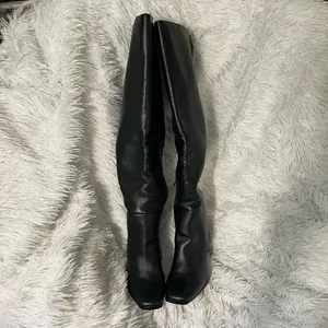JustFab Black Over Knee high faux leather high heel fall winter boots thumbnail 2
