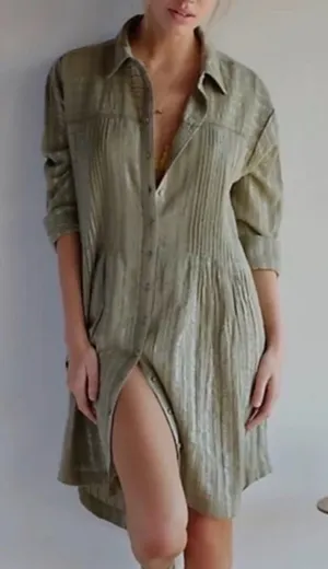 Anthropologie pin tuck moss green & metallic shirt dress S‎ thumbnail 1
