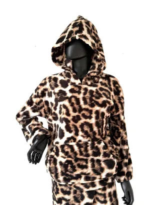 Microfiber Leopard Pajama Set Hoodie Joggers Loungewear Sleepwear Animal Primt thumbnail 1