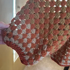 Handmade Rust Orange Tan Open Knit Crochet Sweater Large Boho Oversized Pullover thumbnail 3