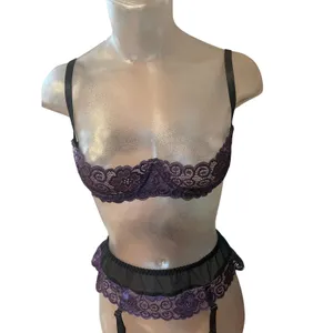 Vintage ESCANTE 2 pc lingerie set balconette bra garter belt purple lace small s thumbnail 3