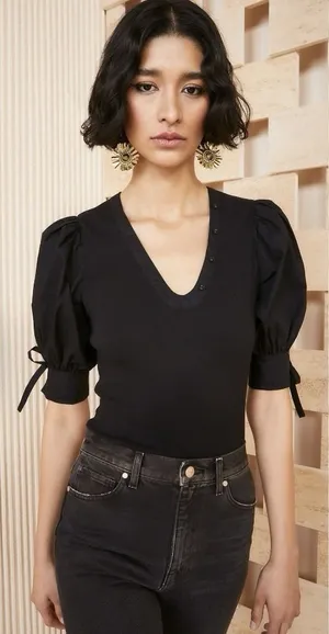 Ulla Johnson Pia Top Black Ribbed Poplin Puff Sleeve Capsule Minimalist Luxury L thumbnail 1